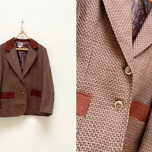 Vintage 90s Brown Blazer Women Brown Wool Blazer Patterned Brown Blazer Womens Brown Smart Blazer Classic Women Blazer Houndstooth Blazer M
