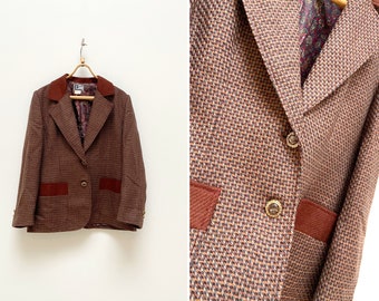 Vintage 90s Wool Houndstooth Blazer - Women's Brown Patterned Blazer M