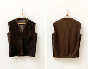 Vintage 90s Brown Leather Vest Mens Leather Vest M Brown Leather Waistcoat L Dark Brown Suede Vest Suede Knit Waistcoat L Brown Knit Vest