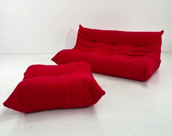 Red 3-Seater Togo Sofa & Ottoman by Michel Ducaroy for Ligne Roset, 1970s