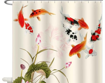 Japan Koi Fish Underwater Pond Bathroom Fabric Shower Curtain Set & 12 Hooks 71" 