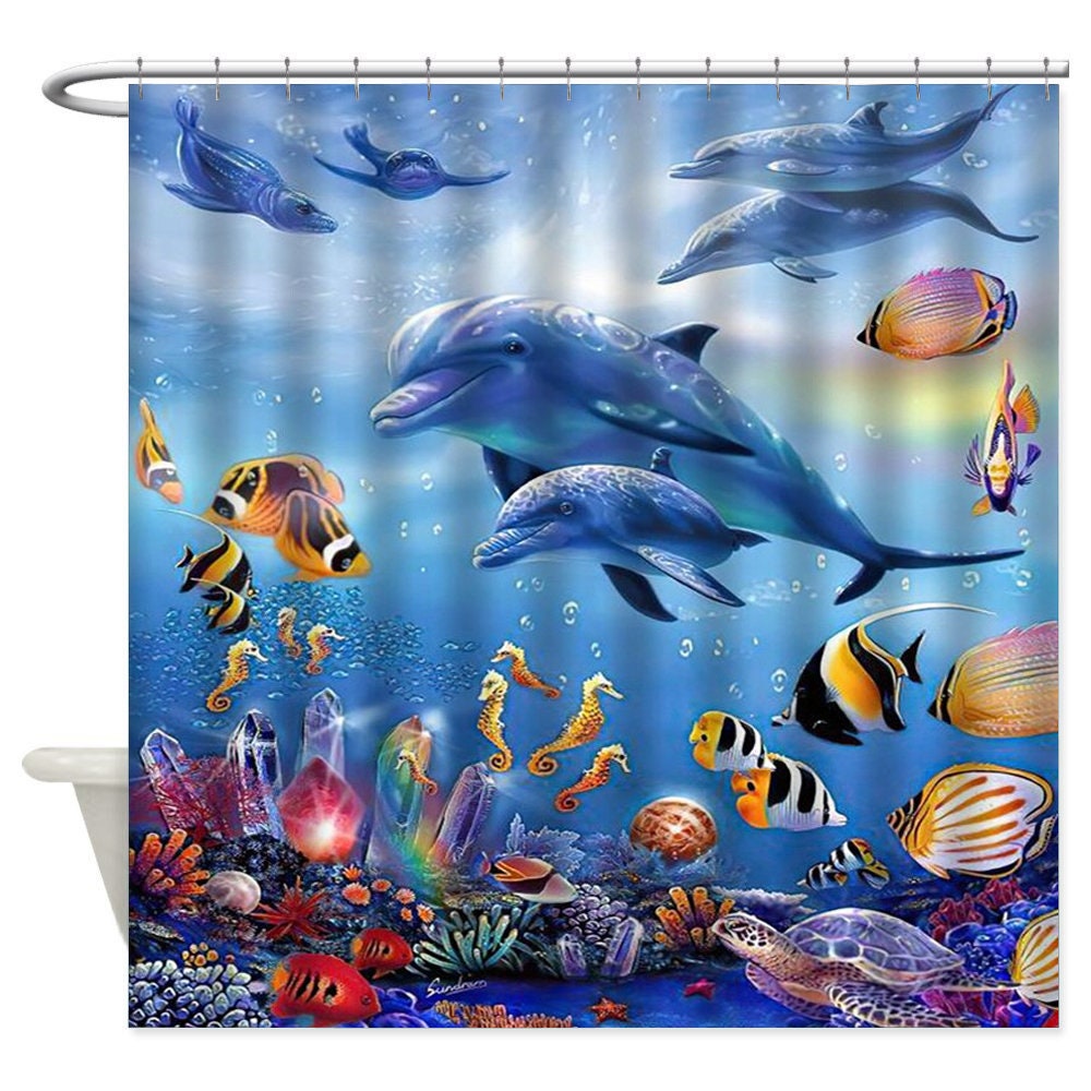 Two Cute Dolphin Ocean Theme Polyester Fabric Shower Curtain Set 180x180cm 