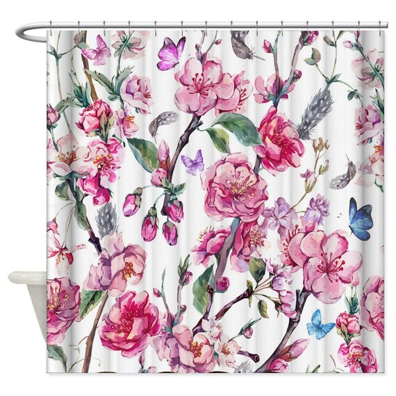 Shower Curtain Pink Flowers and Butterflies Butterfly Floral Etsy