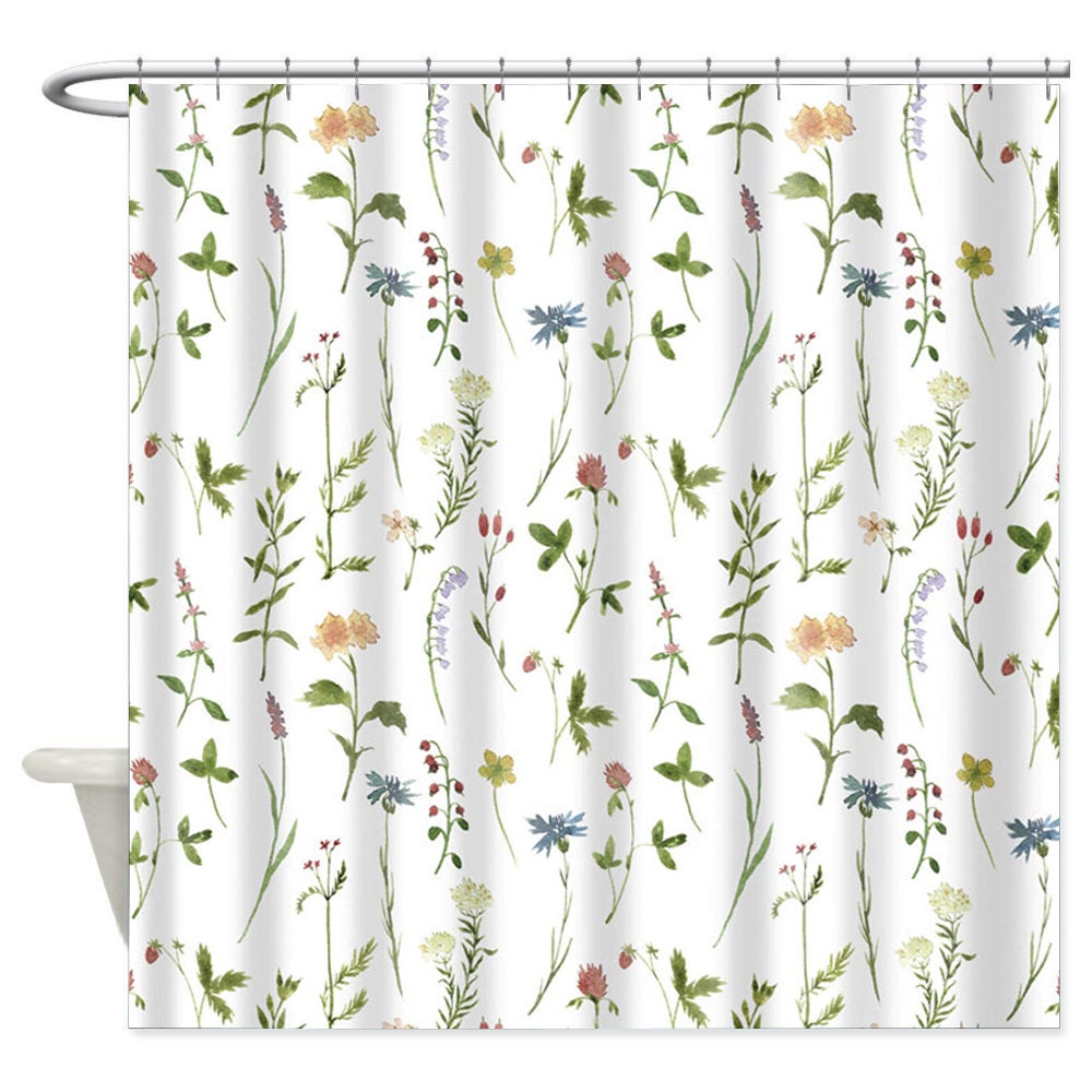 Botanical Shower Curtain Watercolor Wildflower Print Floral Etsy