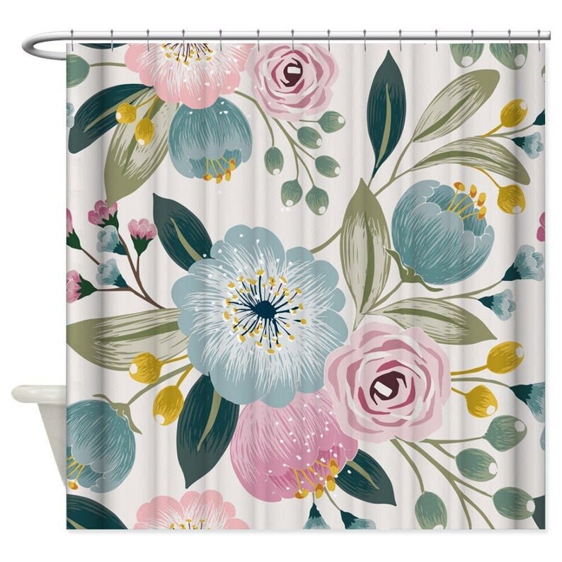 Shower Curtain Floral Pink and Blue Flowers Bath Decor Etsy