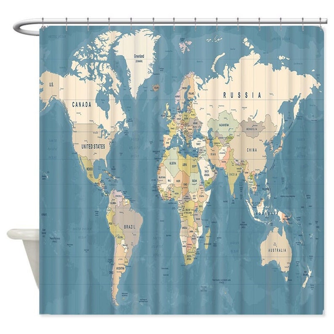 Map Of The World Shower Curtain World Map Bath Decor Etsy