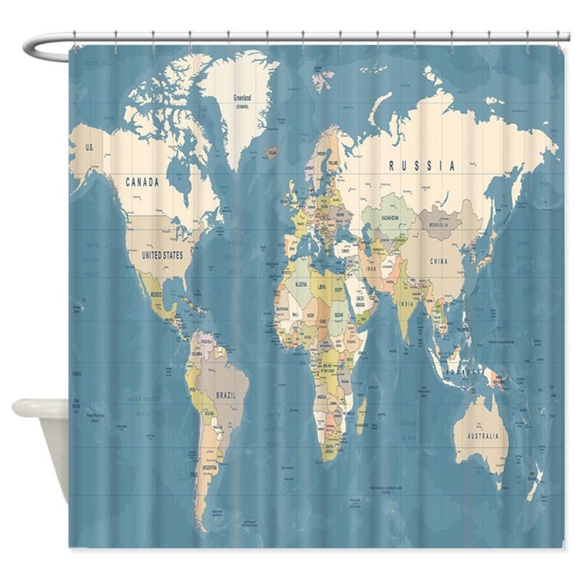 Map of the World Shower Curtain World Map Bath Decor Etsy