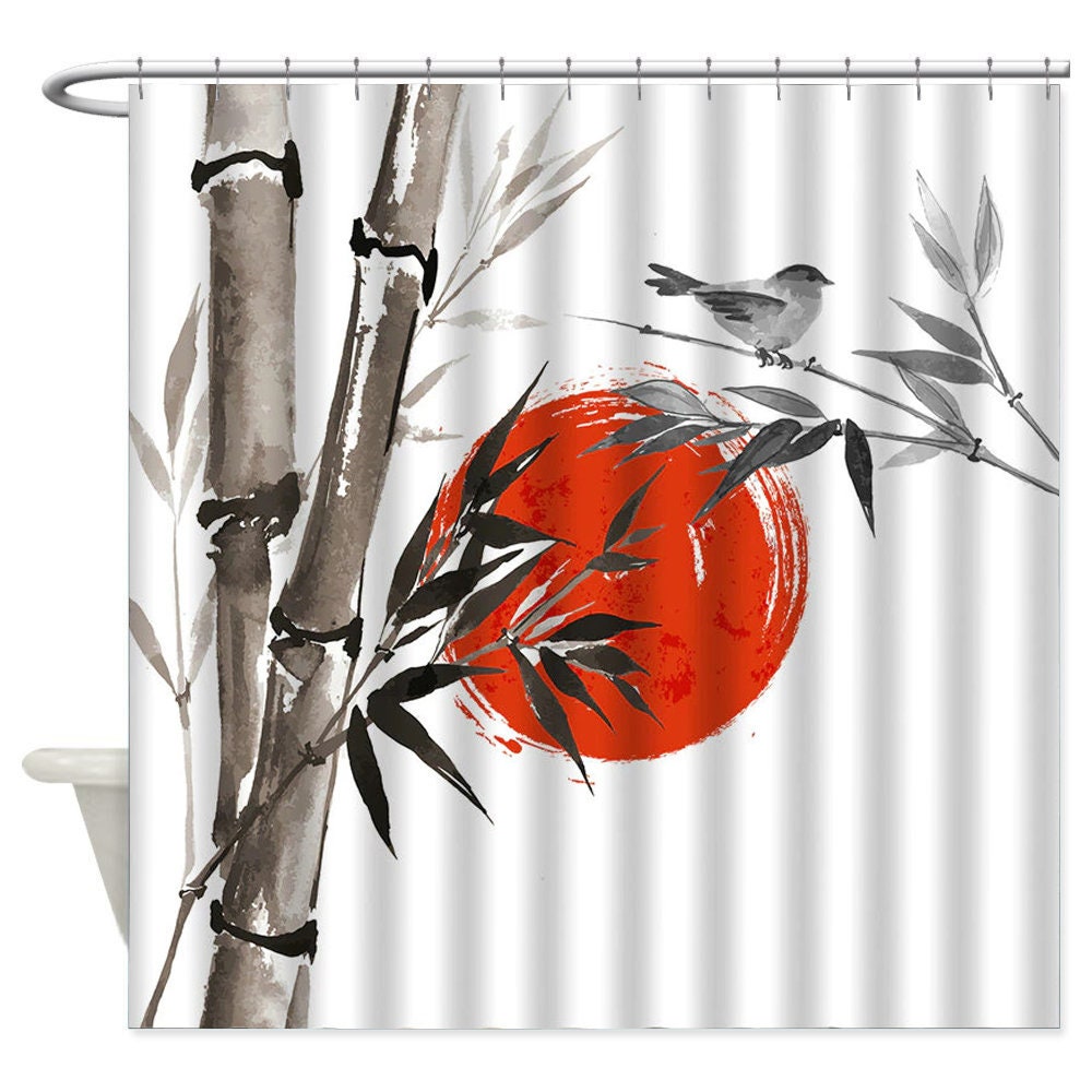 Japanese Ink Painting Bamboo Natural Waterproof Home Shower Curtains Bath Rugs 
