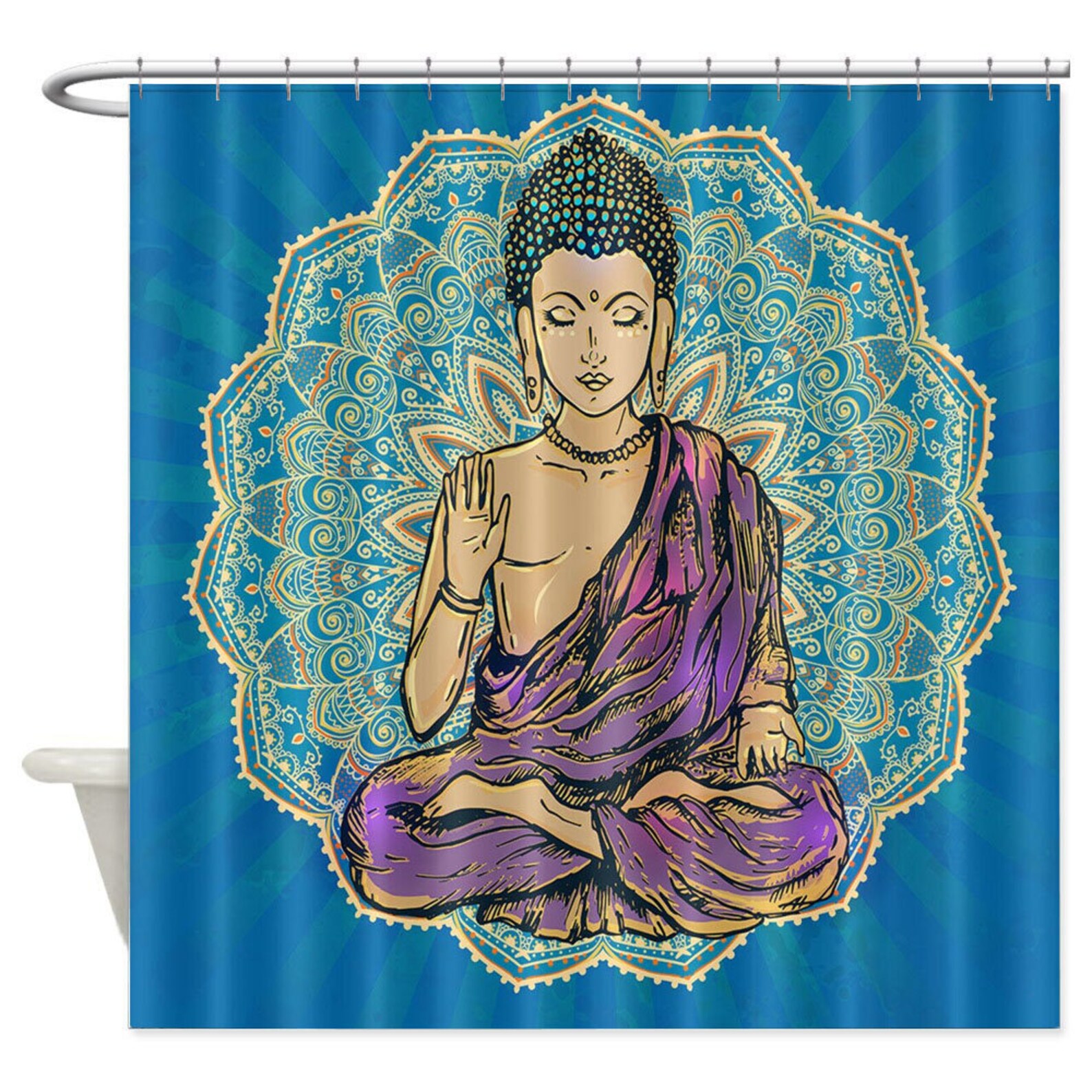 Buddha Shower Curtain Blue Indian Mandala Bathroom Decor Zen Etsy