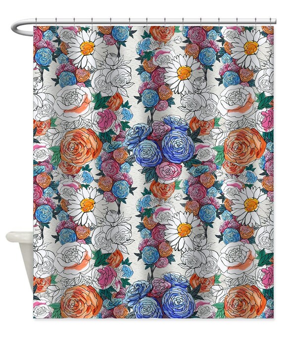 Floral Shower Curtains Retro Style Flowers Bathroom Decor Etsy