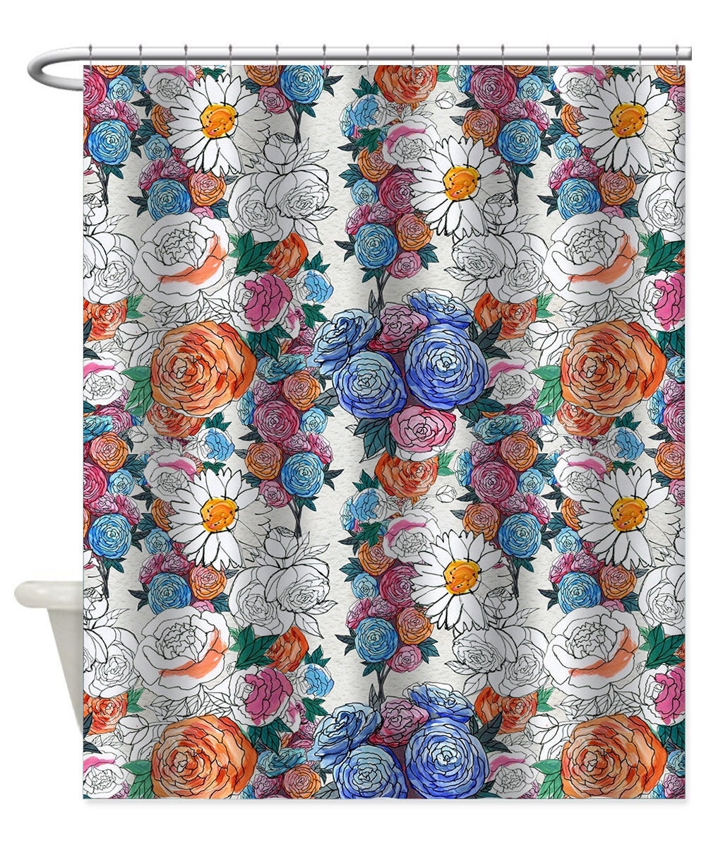 Floral Shower Curtains Retro Style Flowers Bathroom Decor Etsy