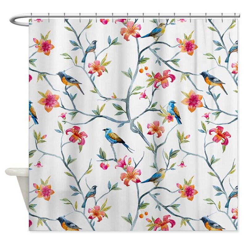 Birds and Flowers Shower Curtain Floral Bath Decor Colorful Etsy