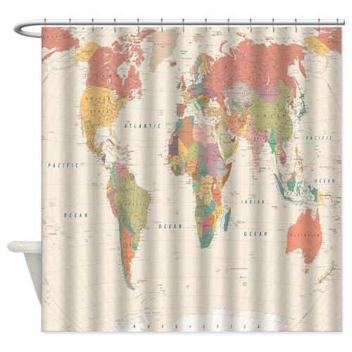 Ocean Map Shower Curtain World Map Waterproof Fabric Bathroom Etsy