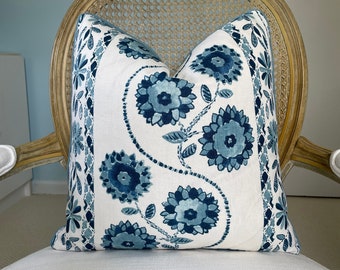 Schumacher "Zinnia" in blue 18"x 18" one sided high end pillow cover. Decorative pillow cover. Designer pillow cover. Throw pillow cover.