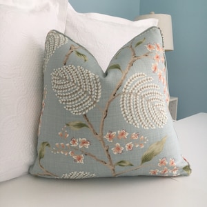Colefax & Fowler "Atwood" leafy floral 100% linen in old blue, both sides or one side high end pillow cover. Designer pillow cover.