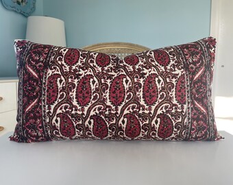 Schumacher Daria Paisley in maroon 15 x 27 one sided high end linen pillow. Hand printed decorative pillow. Designer pillow. Sofa pillow.