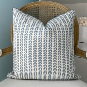 Schumacher Molly Mahon "Bindi" blue and white tiny leafy stripe pillow cover. Hand block pillow cover, Designer pillow cover. Sofa pillow.