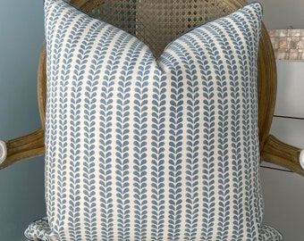 Schumacher Molly Mahon "Bindi" blue and white tiny leafy stripe pillow cover. Hand block pillow cover, Designer pillow cover. Sofa pillow.