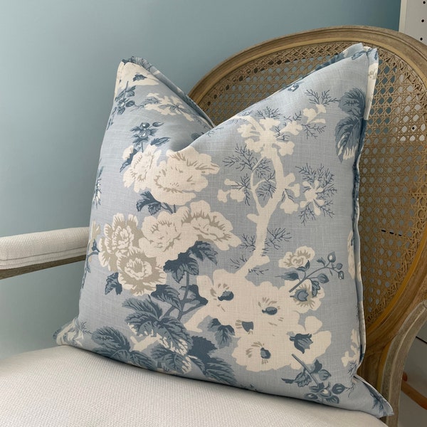 Scalamandre "Ascot" floral in sky high end one sided 100% linen pillow cover. Decorative pillow cover. Designer pillow cover.