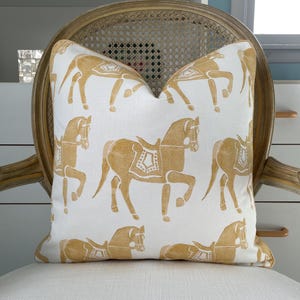 Schumacher Marwari Horse in mustard one or both sides high end pillow cover. Decorative pillow cover. Designer pillow cover.