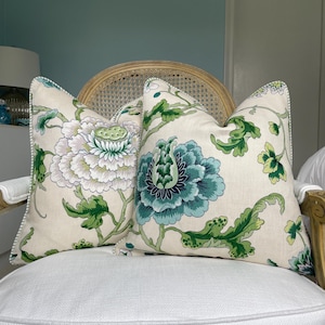 Ready to ship! A pair of one sided 18 x 18 Brunschwig and Fils  floral pillow covers. Designer linen pillow covers. Decorative pillow covers