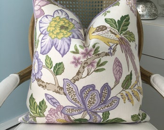 Schumacher Huntington Gardens in lavender pillow covers. Floral linen.
