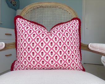 Ready to ship. Schumacher Molly Mahon “Buti” in pink and red 15”x 19” one sided pillow.