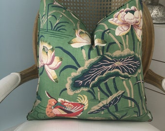 Schumacher "Lotus Garden" in color jade, one or both sides 100% linen high end pillow cover. Designer pillow cover. Sofa pillow cover.