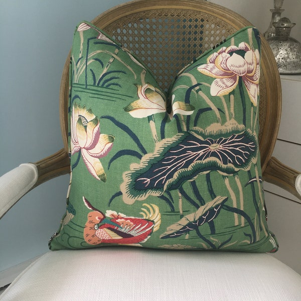 Schumacher "Lotus Garden" in color jade, one or both sides 100% linen high end pillow cover. Designer pillow cover. Sofa pillow cover.