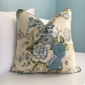 Lee Jofa "Grenville" soft blues high end one sided floral pillow cover in cotton chintz.