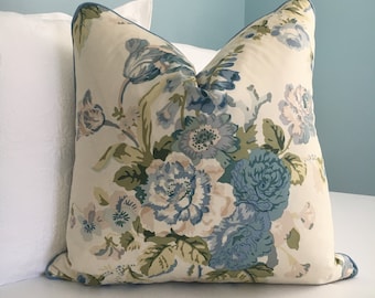 Lee Jofa "Grenville" soft blues high end one sided floral pillow cover. Decorative pillow cover. Designer pillow cover. Sofa pillow cover.