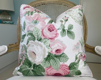 Schumacher “Nancy” floral in petal backed in Schumacher “Wellfleet Ticking” in pink high end pillow cover. Designer pillow. Sofa pillow.