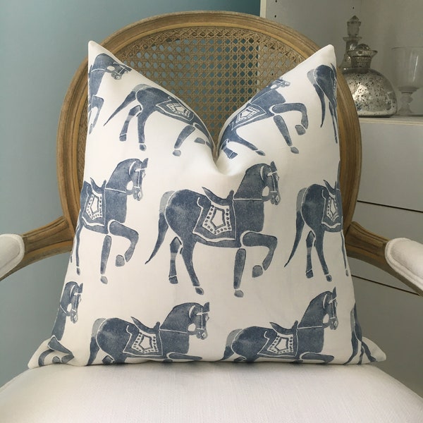 Marwari Horse one or both sides traditional hand block pillow cover in navy and white.