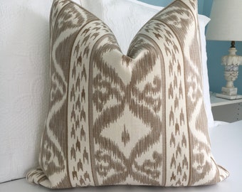 Cowtan & Tout "Rapallo" 20"x 20" taupe and ivory Ikat high end pillow cover. One  or both sides heavy linen designer pillow cover.