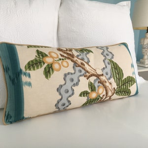 Brunschwig & Fils "Josselin" 12"x 26" one sided lumbar in aqua/mist colorway high end pillow cover. Designer pillow cover. Sofa pillow.