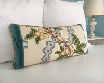 Brunschwig & Fils "Josselin" 12"x 26" one sided lumbar in aqua/mist colorway high end pillow cover. Designer pillow cover. Sofa pillow.