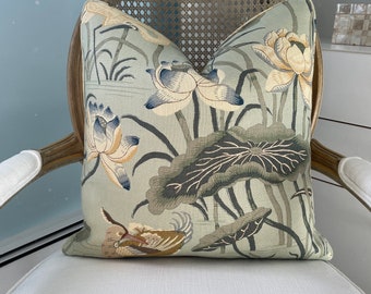 Schumacher “Lotus Garden” in the aqua colorway one or both sides high end pillow cover. Designer linen pillow cover. Sofa pillow cover.