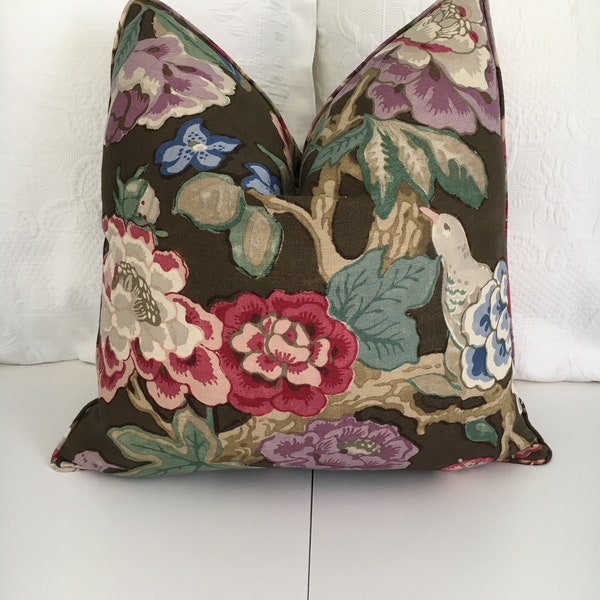 Schumacher "Bermuda Blossoms" in cocoa High end decorative pillow cover, Decorative floral and bird accent pillow, Designer pillow.