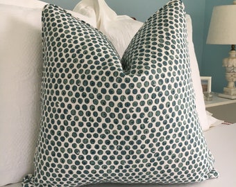 Lacefield Dot Viridian in Spa on a white background designer pillow cover. Aqua and white decorative 22"x 22" decorative pillow cover.