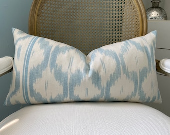 Schumacher "Santa Monica Ikat" in china blue one or both sides high end pillow cover. Decorative pillow cover. Designer pillow cover.