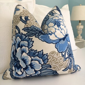 Thibault &quot;Honshu&quot; Floral High End Pillow Cover. Blue and beige Designer Pillow Cover.  Chinoiserie Decorative Pillow Cover. Sofa Pillow.