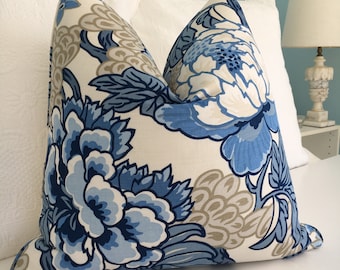 Thibault "Honshu" Floral High End Pillow Cover. Blue and beige Designer Pillow Cover.  Chinoiserie Decorative Pillow Cover. Sofa Pillow.