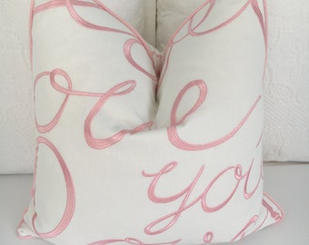 Kravet &quot;Love You&quot; high end pillow cover, decorative white pillow cover in pink &quot;lemonade&quot;,  scroll embroidery accent pillow cover