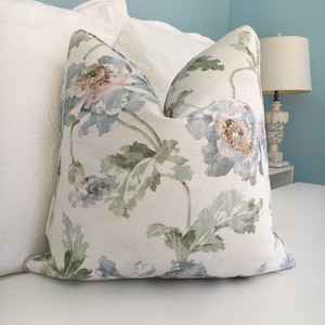 Colefax & Fowler &quot;Meriden&quot; both sides or one high end pillow cover. Blue and green on ivory designer pillow. Linen blend decorative pillow.