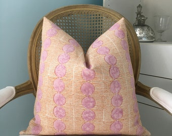 Schumacher Molly Mahon &quot;Sun Rise&quot; hand block print in rose & copper one or both sides decorative pillow cover.