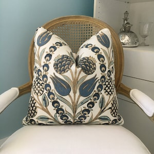 Thibault "Corneila" floral pillow in blue/aqua, available both sides or one high end pillow cover. Designer pillow. Sofa pillow.