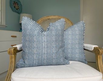 Lee Jofa “Kaya II” in blue one or both sides designer pillow covers. Decorative pillow covers. Small scale print pillow covers.