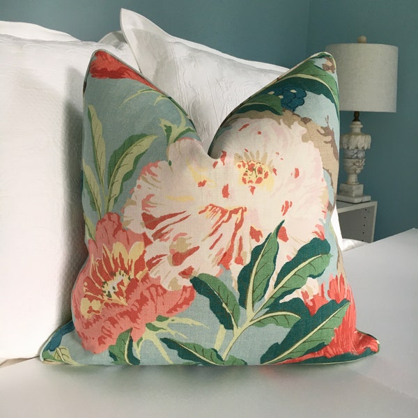 Schumacher "Enchanted Garden" in Aqua high end pillow cover. Floral Decorative Pillow Cover. Designer Pillow Cover. Accent Pillow Cover.