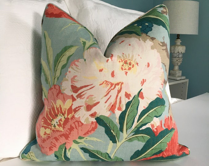 Schumacher enchanted Garden in Aqua High End Pillow Cover. Floral