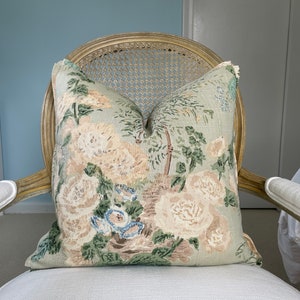 Lee Jofa "Hollyhock" celadon 20"x 20" one sided high end pillow cover. Designer floral pillow cover. Decorative pillow cover.